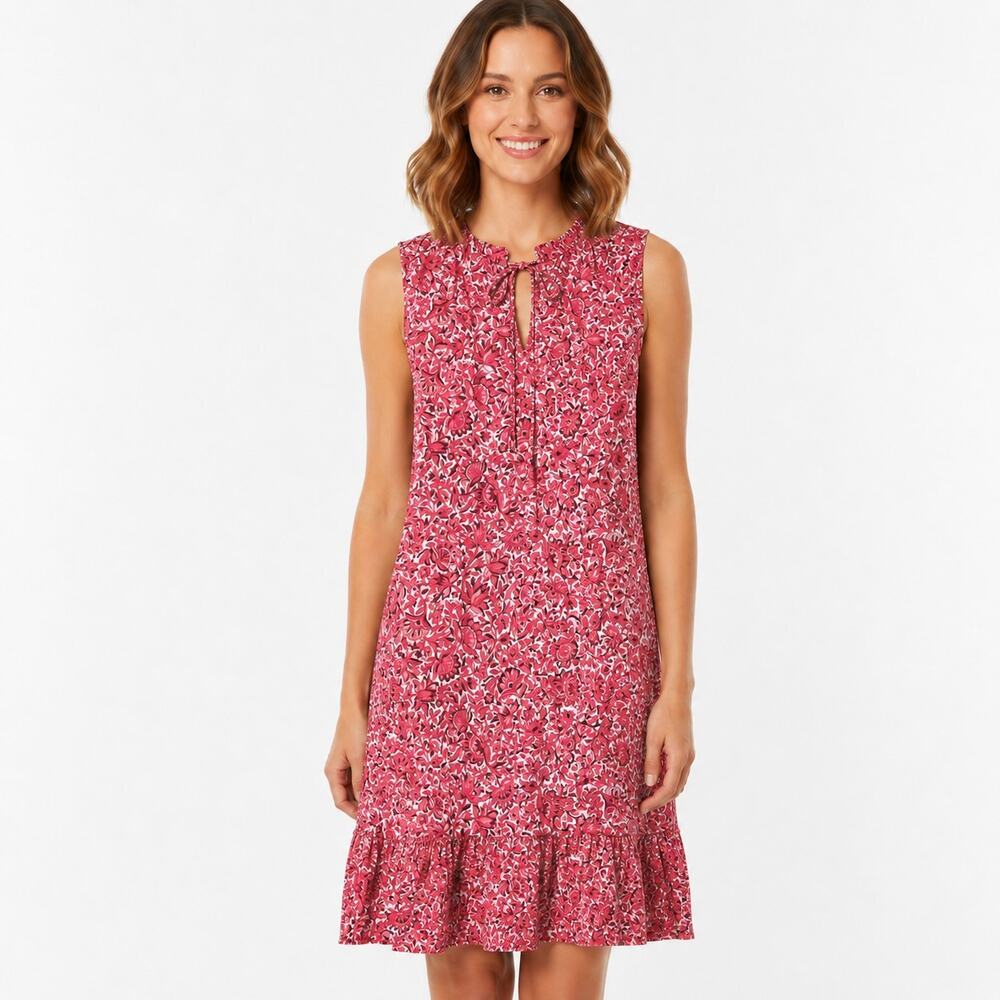 Michael Kors Dress Floral Tie Neck Sleeveless Tiered Ruffled Mini Red Size XL